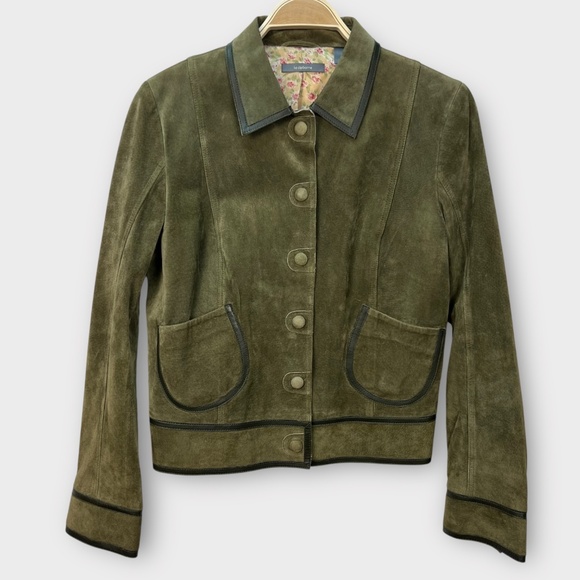 Vintage Y2K Liz Claiborne Suede Leather Jacket Womens Blazer Olive Green Sz 12 - Picture 1 of 13